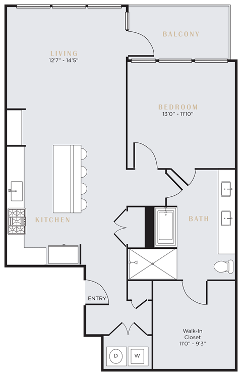 Floor plan for 1 bed, 1 bath, 1087 sqft